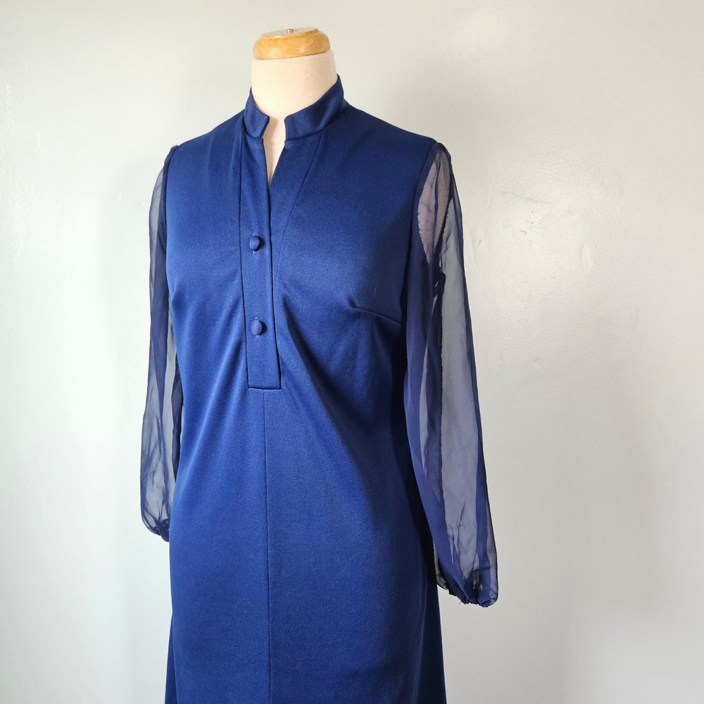 Vtg 1970s Femme of Dallas Royal Blue Shift Column Dress Sheer Chiffon Sleeve M - Picture 2 of 9